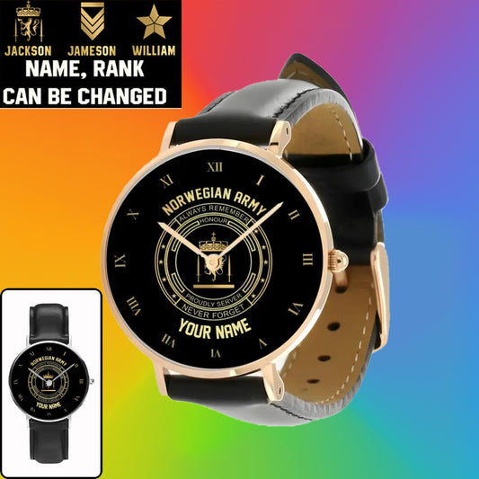 Personalized Norway Soldier/ Veteran With Name, Rank Black Stitched Leather Watch - 2803240001 - Gold Version