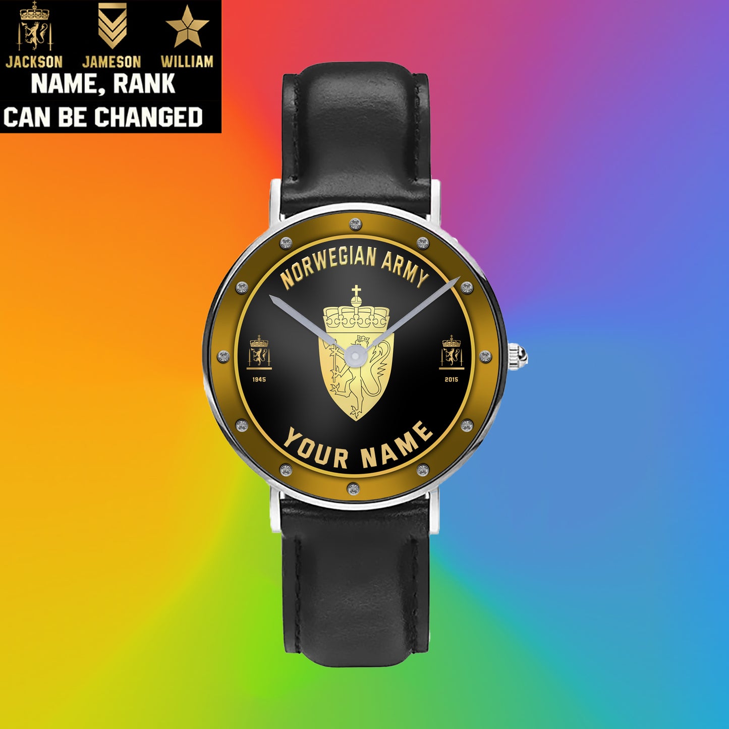 Personalisierte norwegische Soldat/Veteran mit Namen, Rang und Jahr schwarze genähte Lederuhr – 1803240001 – goldene Version
