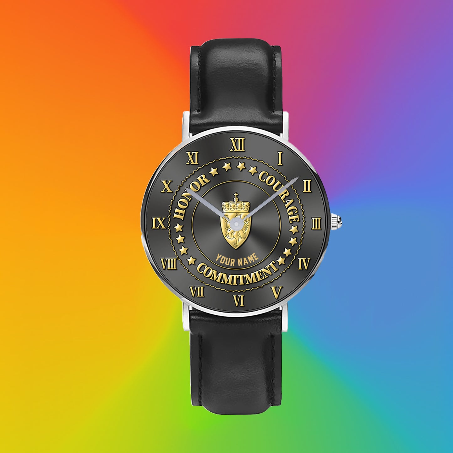 Personalisierte norwegische Soldat/Veteran mit Namen schwarze genähte Lederuhr – 2203240001 – goldene Version