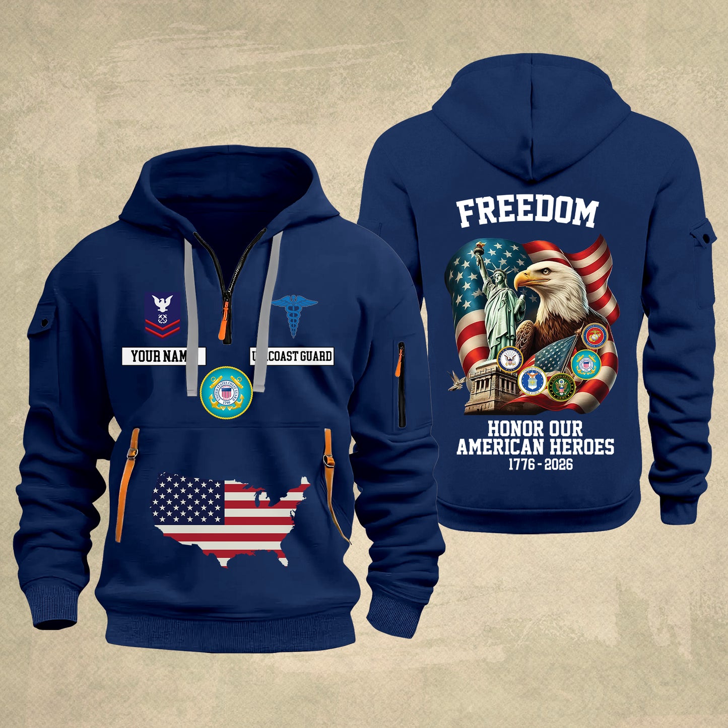 Coast Guard Rating - Freedom Honor Our American Heroes – Personalized Multicolor Zip Hoodie | Custom Military Branch | 250th Anniversary | 4th of July - 17699904