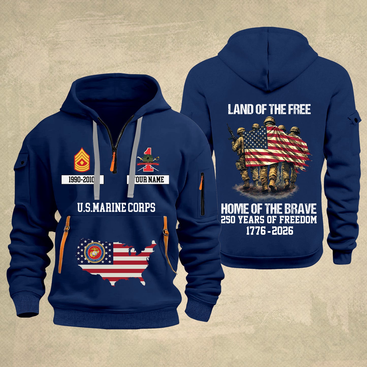 Marines Battalions - Land Of The Free Home Of The Brave – Personalized Zip Hoodie Multicolor, Custom Rank Unit Military Branch Zip Hoodie Multicolor, 250th USA, 4th of July - 17700768