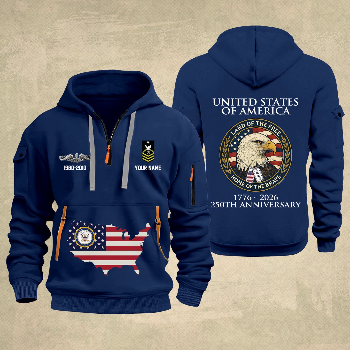 Navy Badge - Personalized 250th America Anniversary Zip Hoodie Multicolor, Land Of The Free Home Of The Brave Zip Hoodie, Custom Military Branch Hoodie - 17691264
