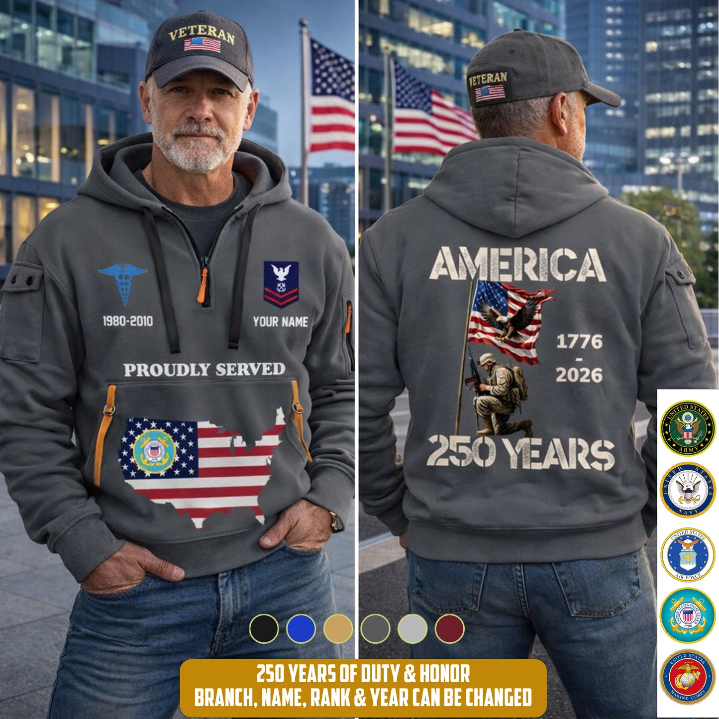 Coast Guard Rating - Personalized America 250 Years Zip Hoodie Multicolor, Custom U.S. Soldier Branch Hoodie, Happy Independence Day, 4th Of July Zip Hoodie - 1769040002