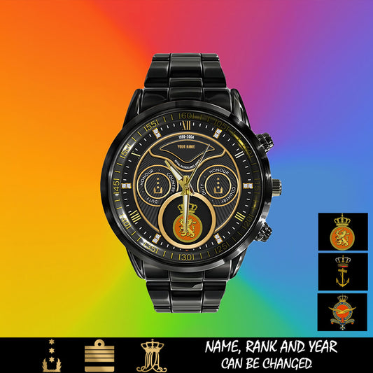 Personalized Netherlands Soldier/ Veteran With Name, Rank And Year Black Stainless Steel Watch - 17286660 - Gold Version