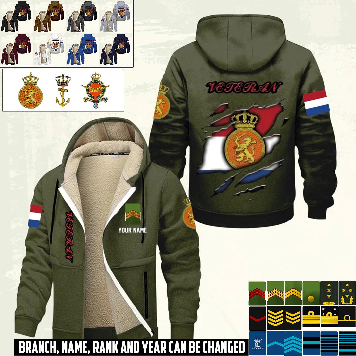 Personalized Netherlands Soldier/ Veteran With Name And Rank Hoodie Zip Velvet Coat - 17367264