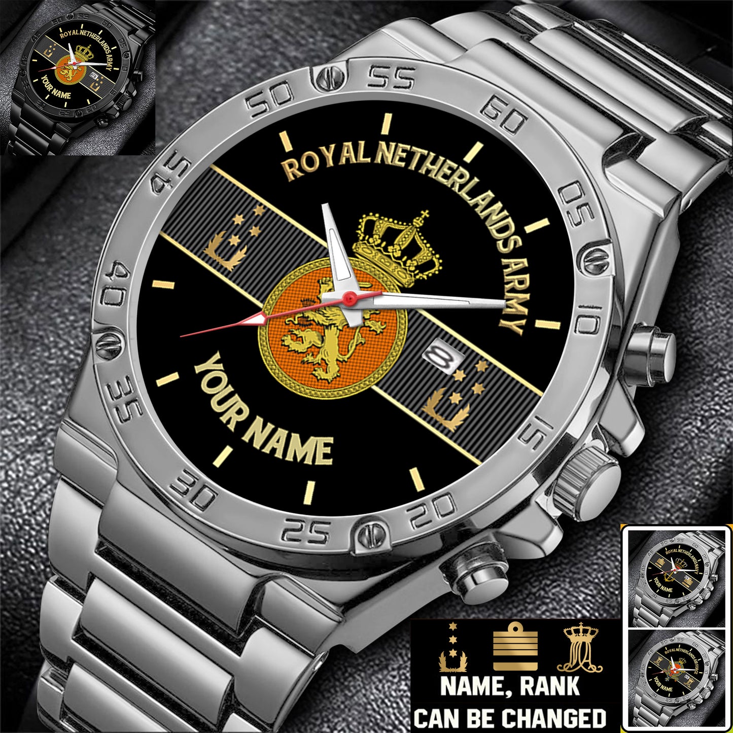 Personalized Netherlands Soldier/ Veteran With Name And Rank Gentleman Stainless Steel Watch - 17388000