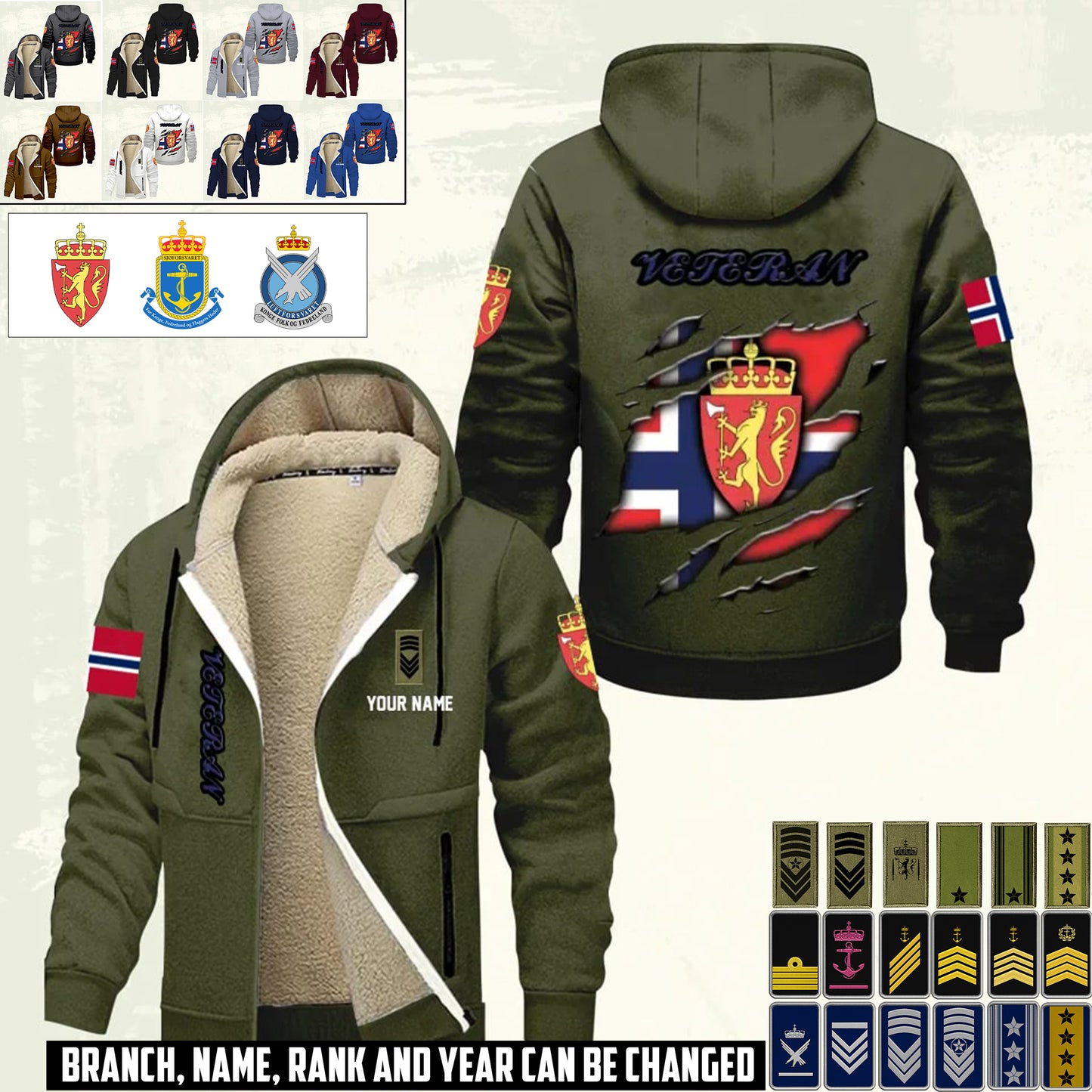 Personalized Norway Soldier/ Veteran With Name And Rank Hoodie Zip Velvet Coat - 17367264