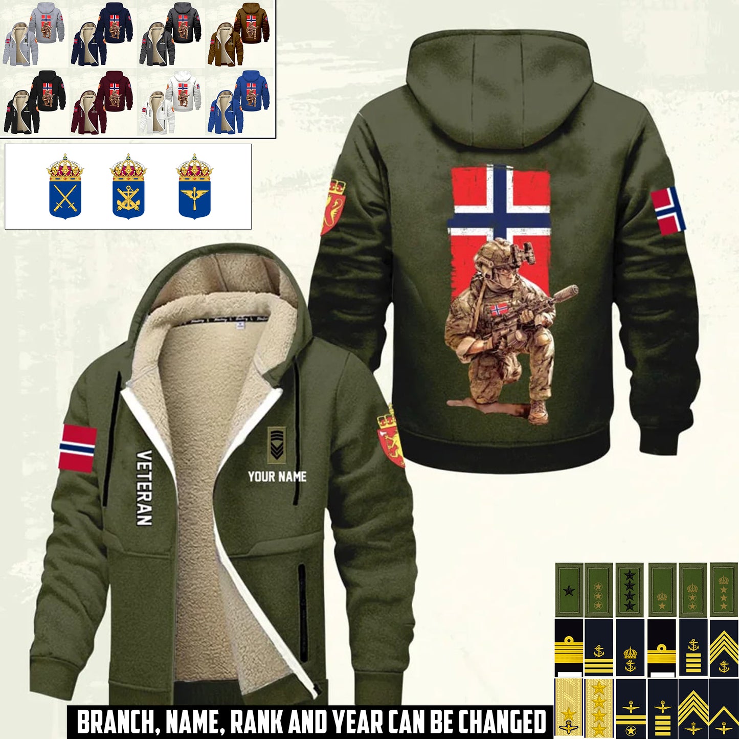 Personalized Norway Soldier/ Veteran With Name And Rank Hoodie Zip Velvet Coat - 17368992
