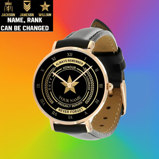 Personalized Norway Soldier/ Veteran With Name, Rank Black Stitched Leather Watch - 1709683201 - Gold Version