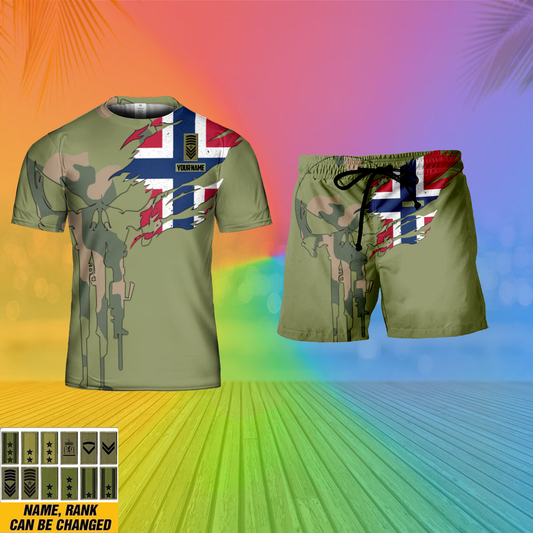 Personalized Norway Soldier/ Veteran Camo With Name And Rank Combo T-Shirt + Short 3D Printed