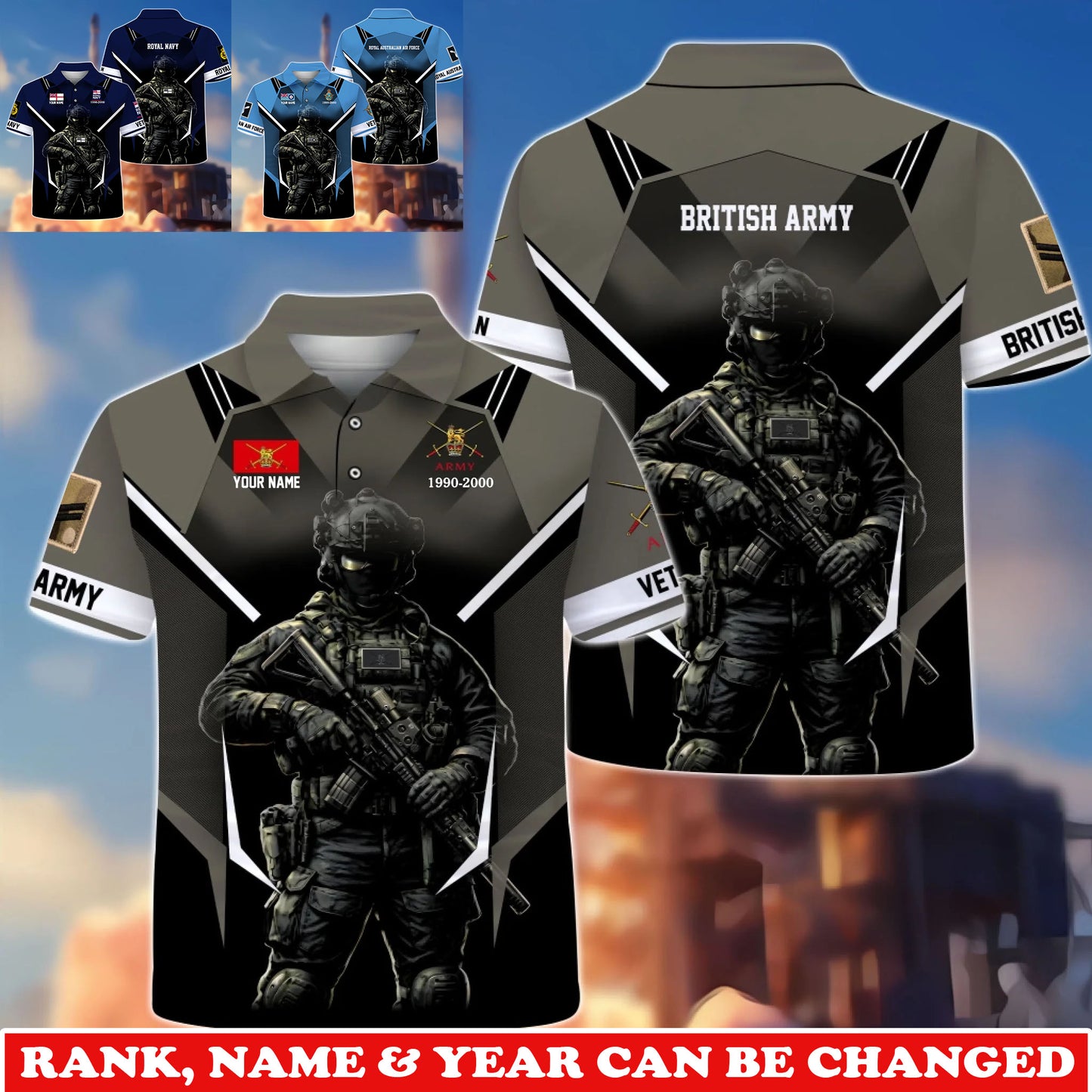 Personalized UK Soldier/Veteran Camo with Rank, Name and Year POLO All Over Printed - 1775347203