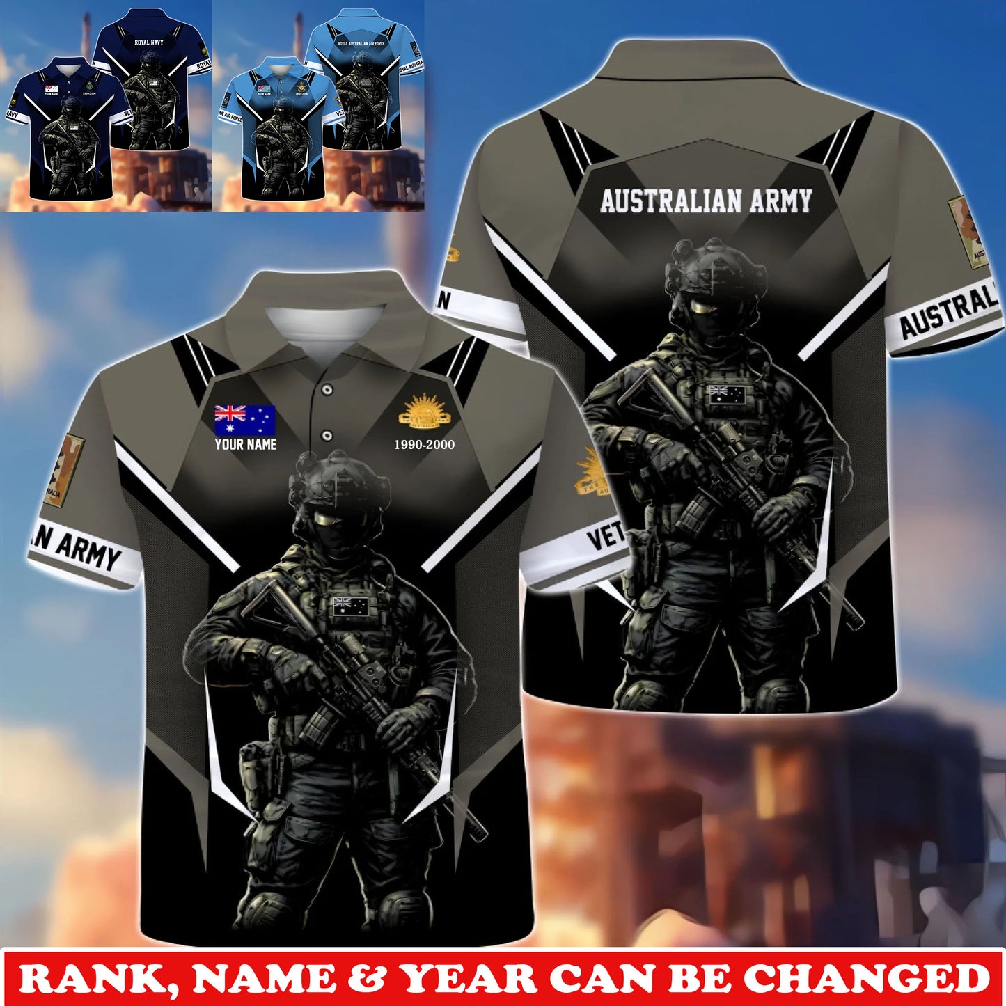 Personalized Australia Soldier/Veteran Camo with Rank, Name and Year POLO All Over Printed - 1775347203
