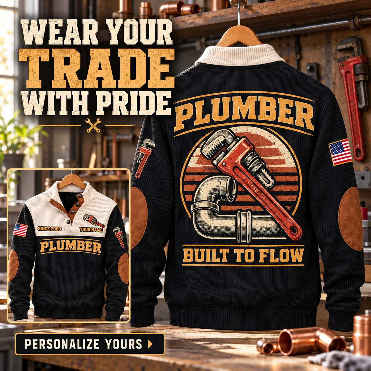 Personalized Plumber Built to Flow sweatshirt Facebook ad, Black, front and back views