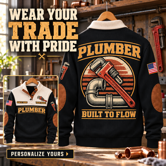Personalized Plumber Built to Flow sweatshirt Facebook ad, Black, front and back views