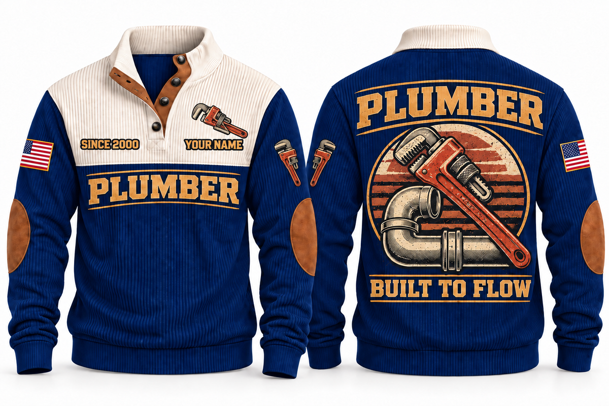 Plumber PLB01 sports sweatshirt navy, front and back with flat printed artwork