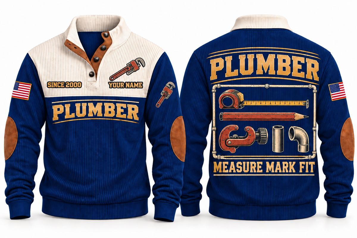 Plumber PLB02 sports sweatshirt navy, front and back with flat printed artwork