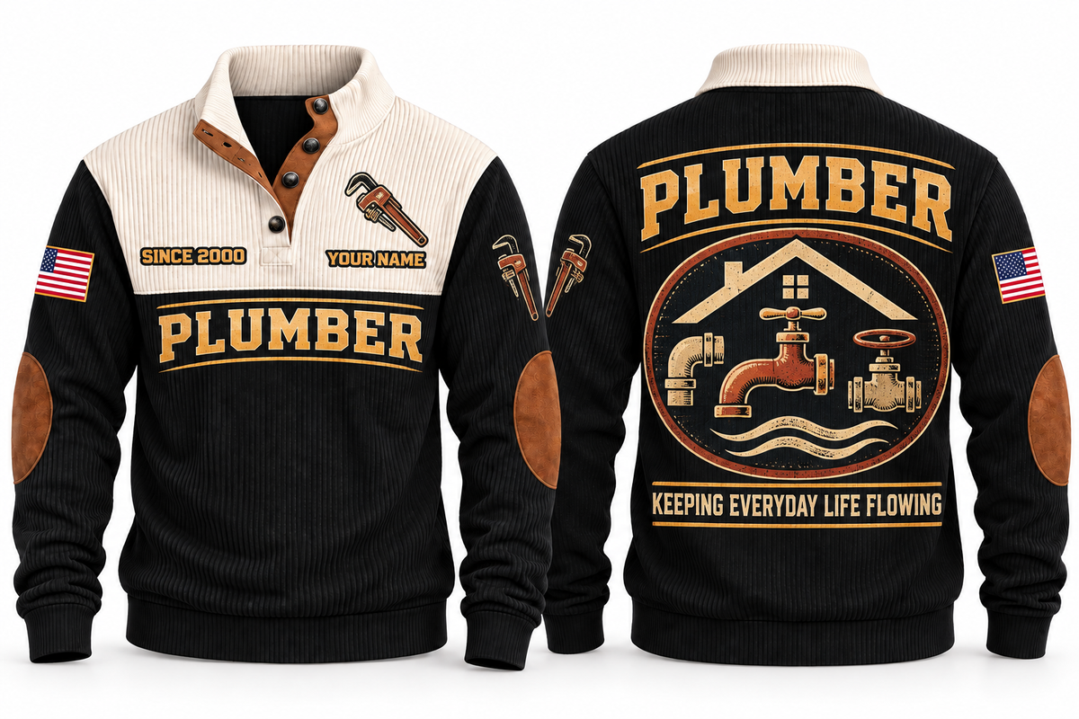Plumber PLB03 sports sweatshirt black, front and back with flat printed artwork