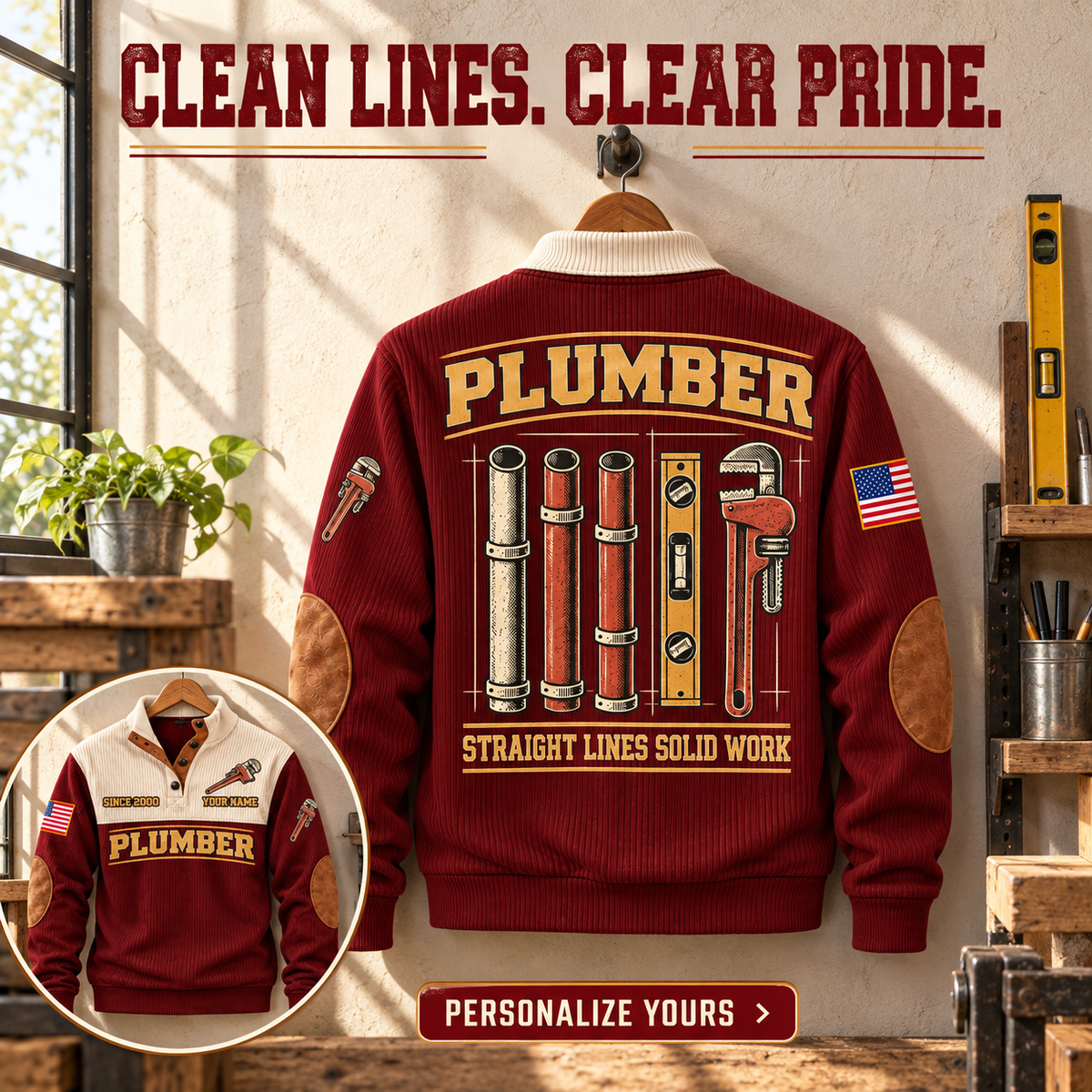 Personalized Plumber PLB04 sweatshirt Facebook ad, Jujube Red, front and back views