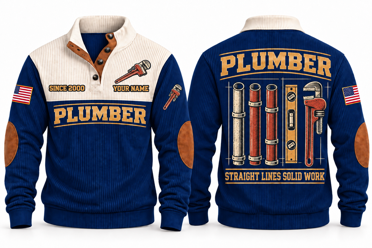 Plumber PLB04 sports sweatshirt navy, front and back with flat printed artwork
