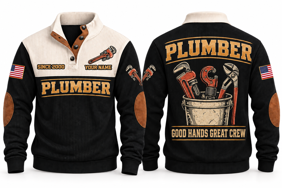Plumber PLB05 sports sweatshirt black, front and back with flat printed artwork