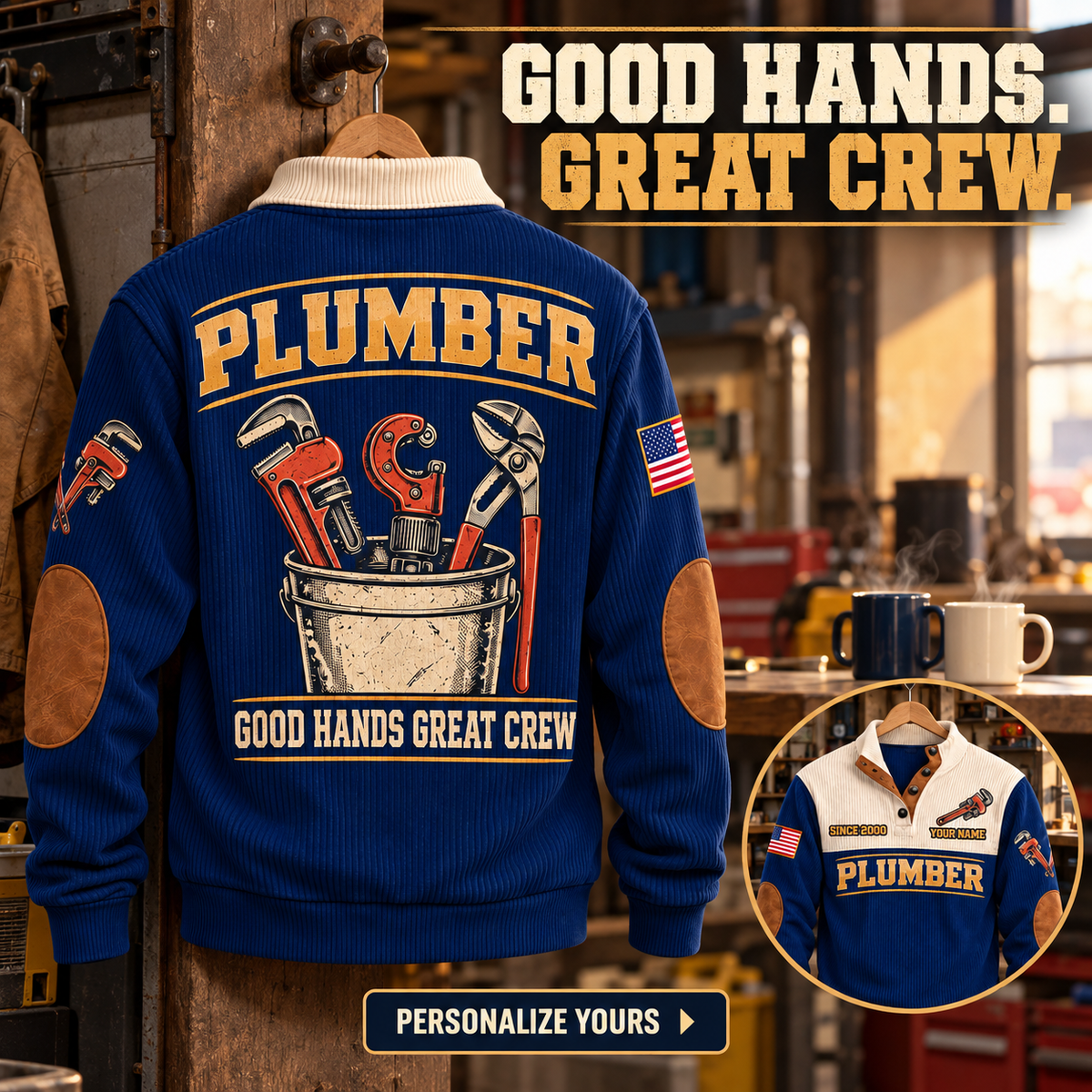 Personalized Plumber PLB05 sweatshirt Facebook ad, Navy, front and back views