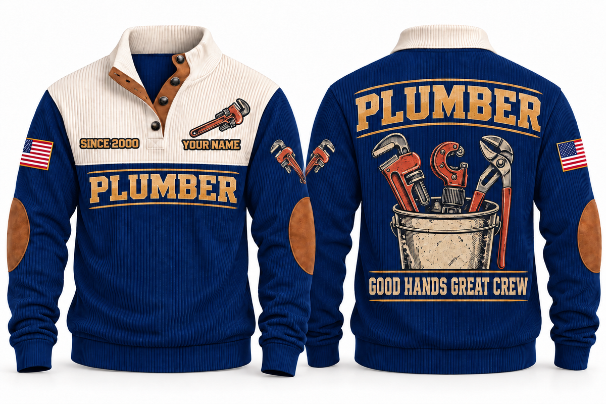 Plumber PLB05 sports sweatshirt navy, front and back with flat printed artwork