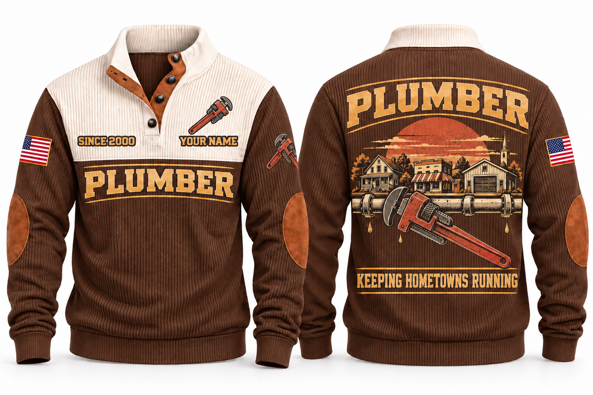 Plumber PLB06 sports sweatshirt brown, front and back with flat printed artwork