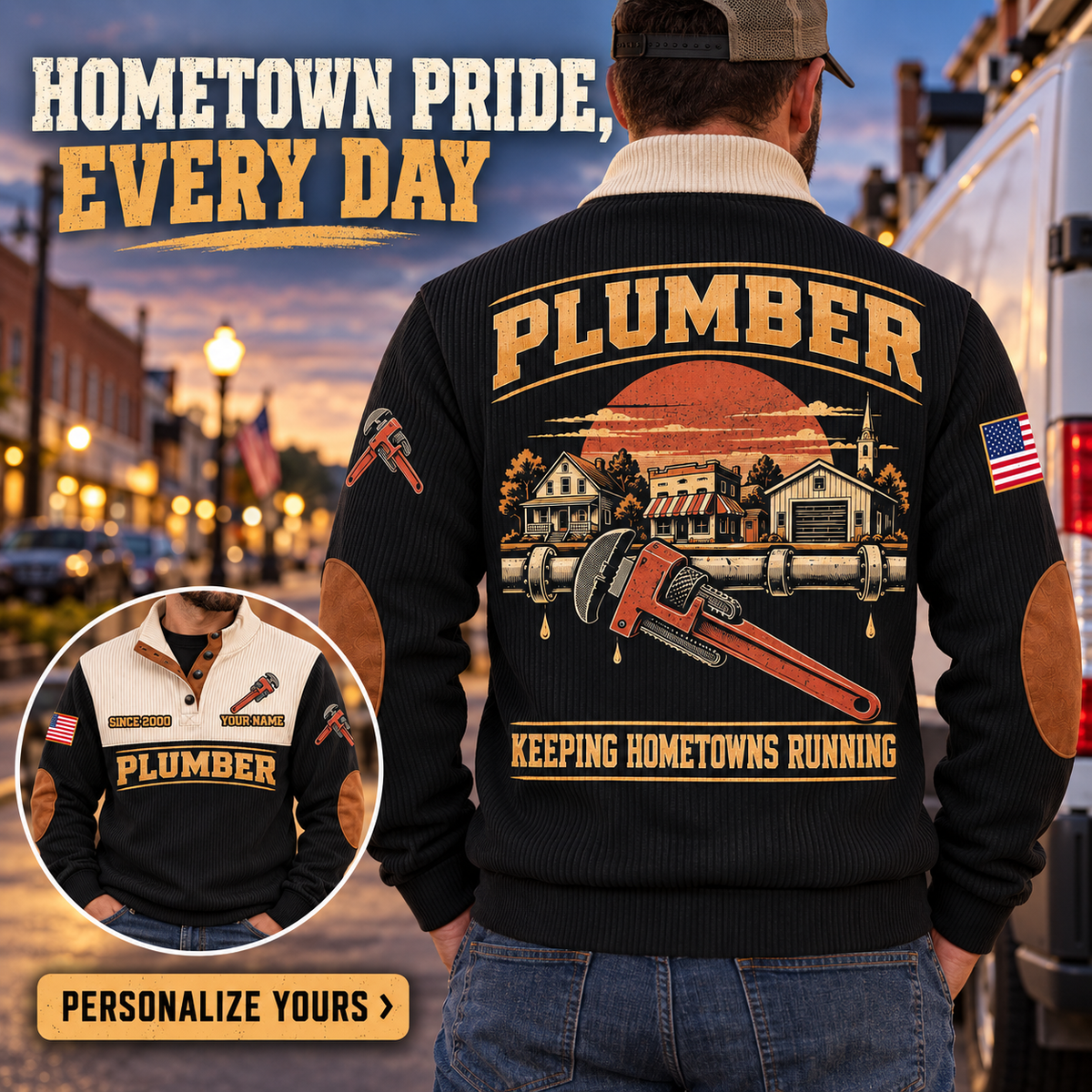 Personalized Plumber PLB06 sweatshirt Facebook ad, Black, front and back views