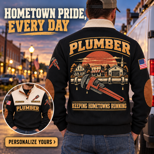 Personalized Plumber PLB06 sweatshirt Facebook ad, Black, front and back views