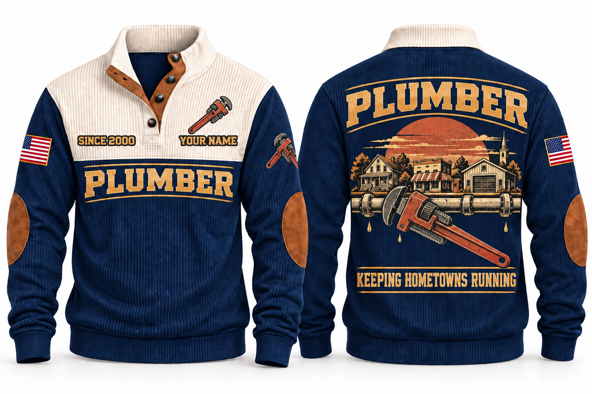 Plumber PLB06 sports sweatshirt navy, front and back with flat printed artwork