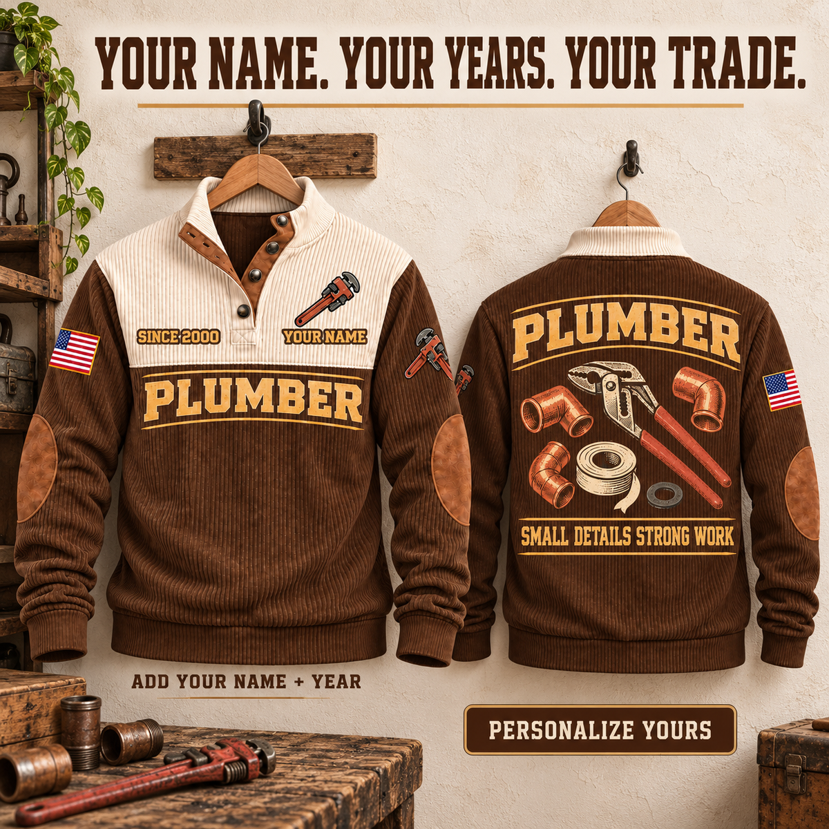 Personalized Plumber PLB07 sweatshirt Facebook ad, Brown, front and back views