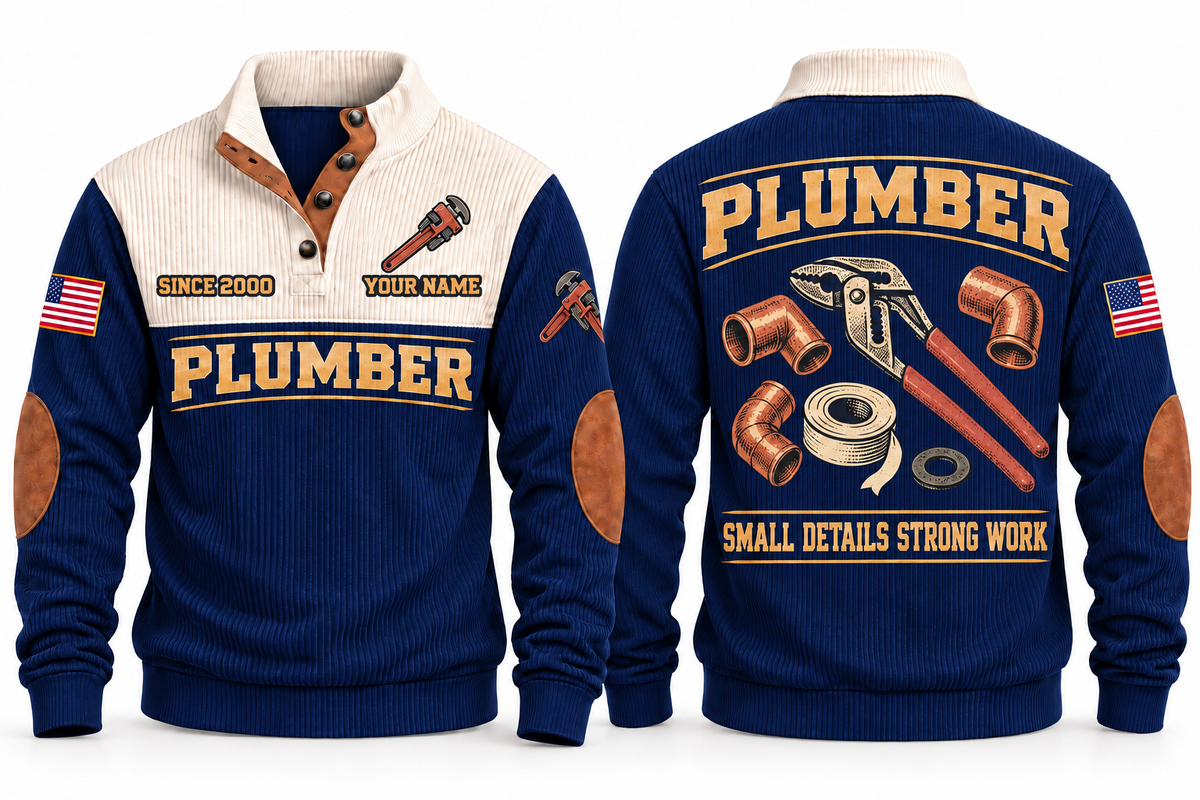 Plumber PLB07 sports sweatshirt navy, front and back with flat printed artwork