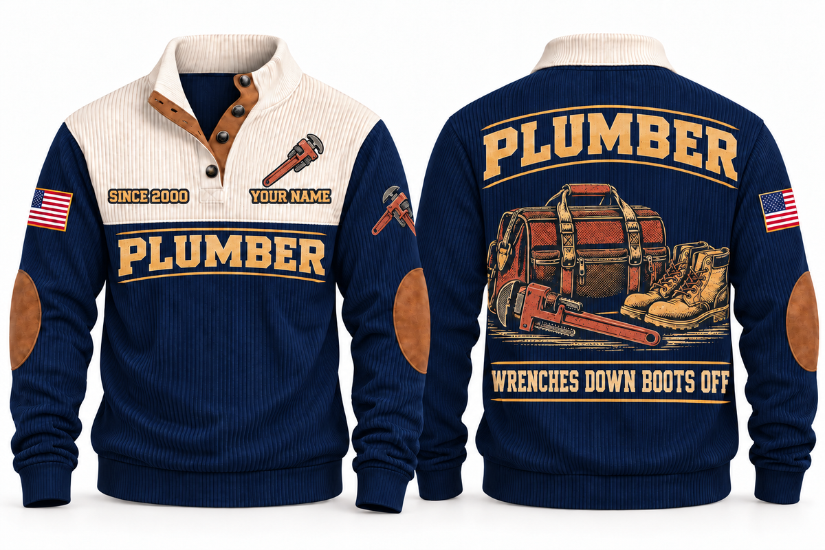 Plumber PLB08 sports sweatshirt navy, front and back with flat printed artwork