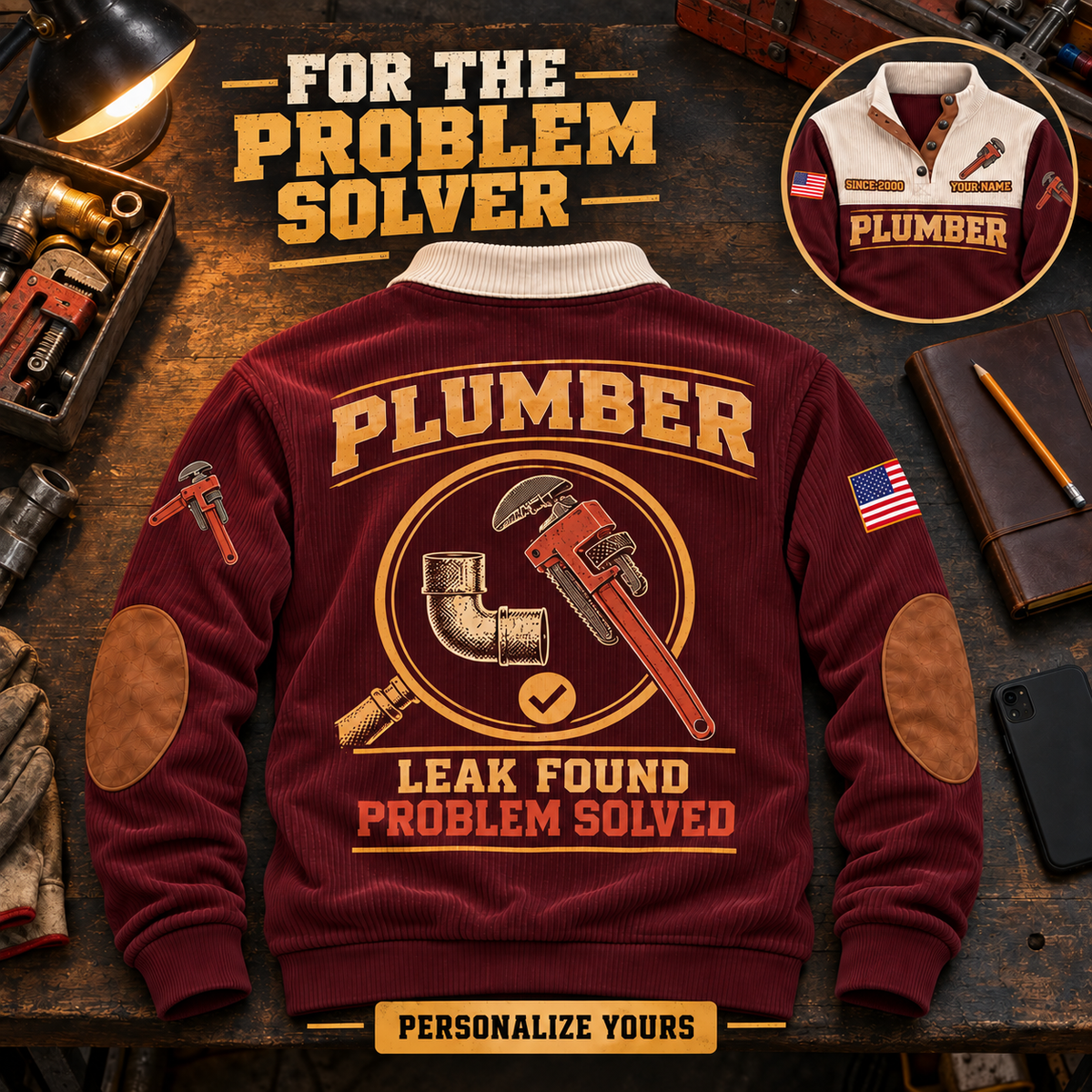 Personalized Plumber Found and Fixed sweatshirt ad, Jujube Red, front and back views
