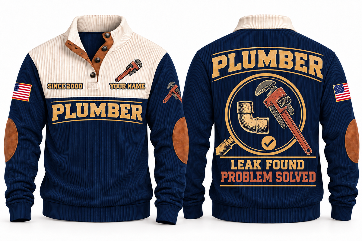 Plumber PLB09 sports sweatshirt navy, front and back with flat printed artwork