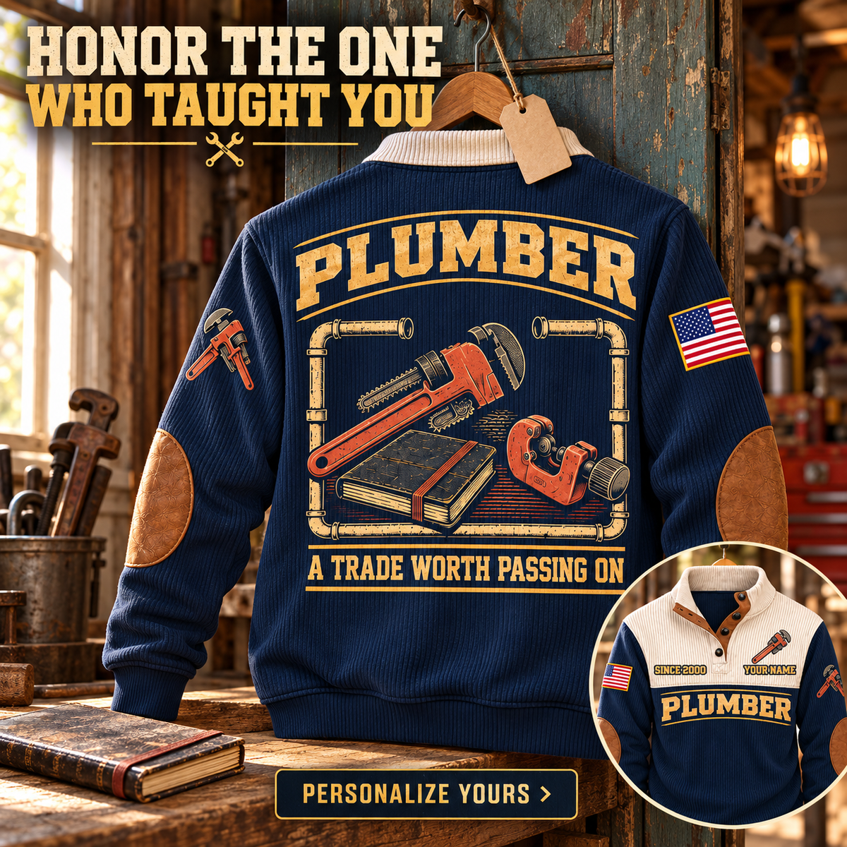 Personalized Plumber Trade Carried Forward sweatshirt ad, Navy, front and back views
