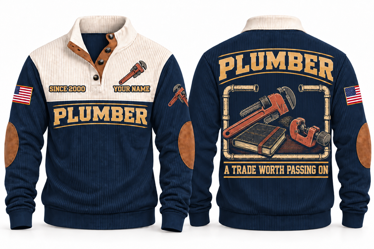 Plumber PLB10 sports sweatshirt navy, front and back with flat printed artwork