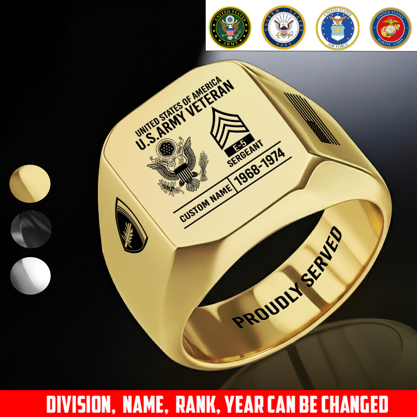 Army Division - Personalized US Soldier/Veteran with Name and Rank Engraved Men’s Ring - 1775692803