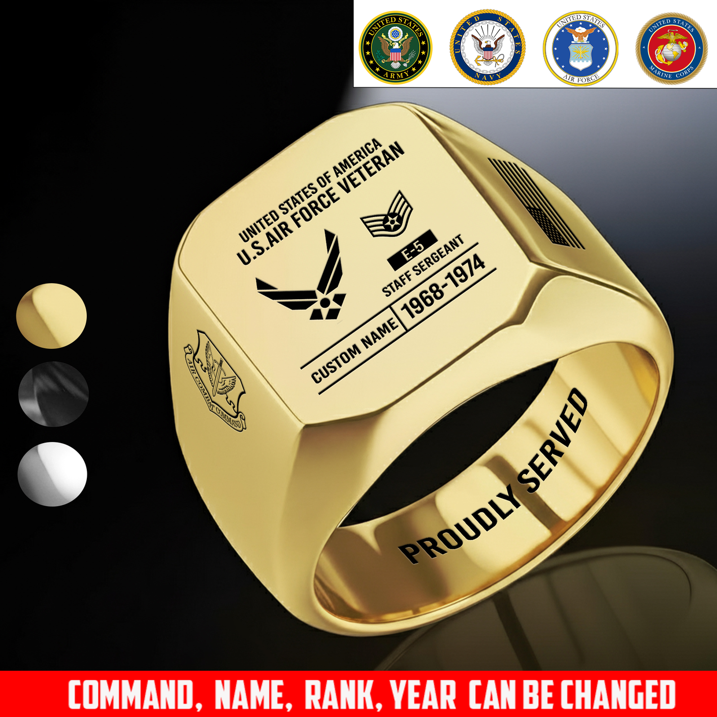 Air Force Command - Personalized US Soldier/Veteran with Name and Rank Engraved Men’s Ring - 1775692803