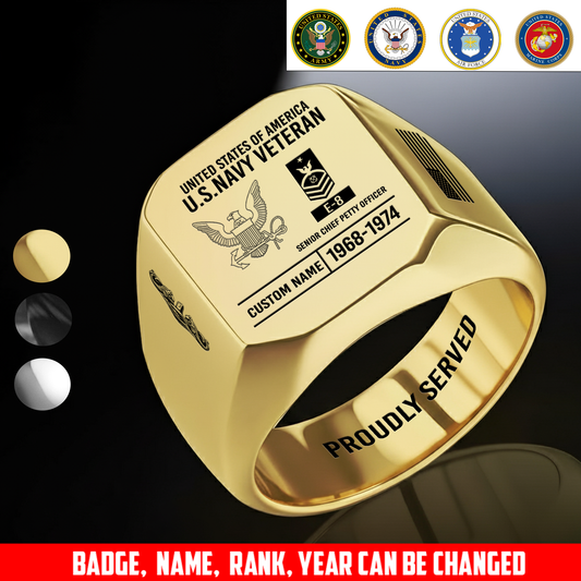 Navy Badge - Personalized US Soldier/Veteran with Name and Rank Engraved Men’s Ring - 1775692803