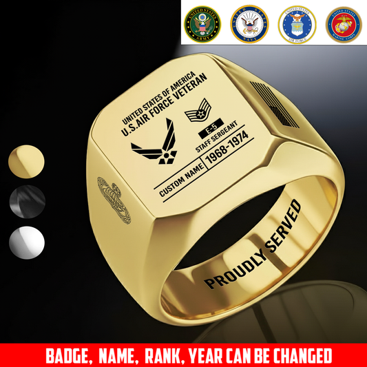 Air Force Badge - Personalized US Soldier/Veteran with Name and Rank Engraved Men’s Ring - 1775692803