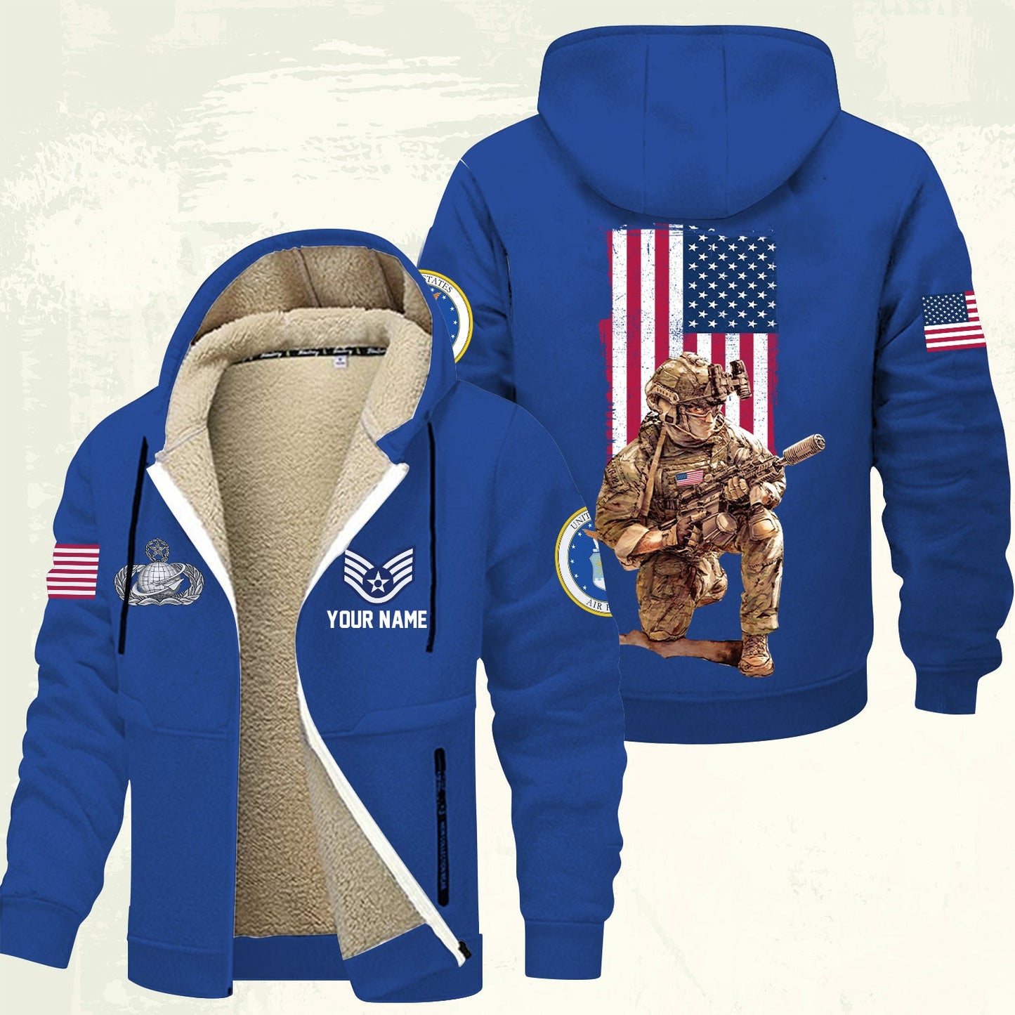 Air Force Badge - Personalized US Soldier/ Veteran With Name And Rank Hoodie Zip Velvet Coat - 17363808