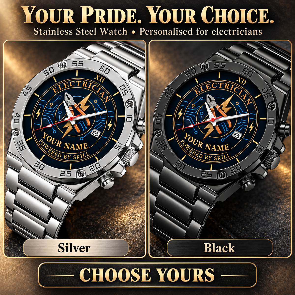 Personalized Electrician Stainless Steel Watch - Heritage Dial - advertising image