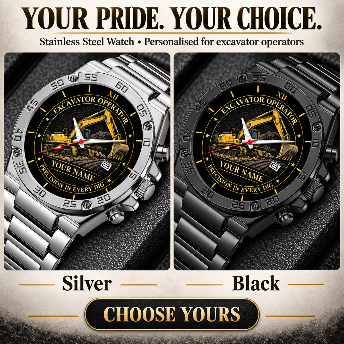 Personalized Excavator Operator Stainless Steel Watch - Heritage Dial - advertising image