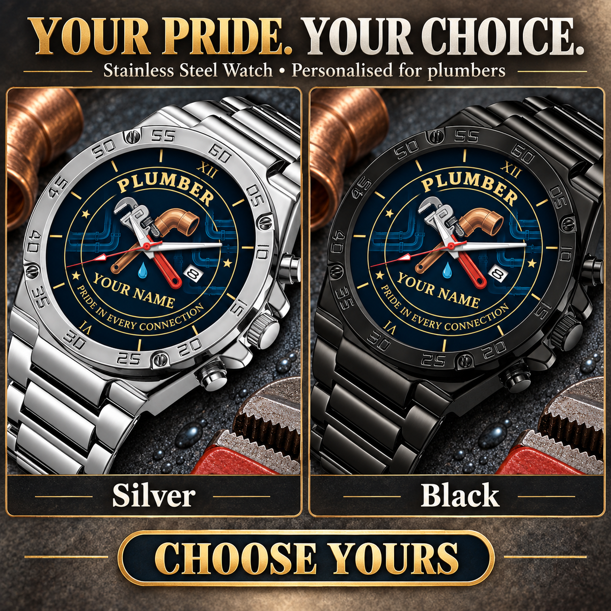 Personalized Plumber Stainless Steel Watch - Heritage Dial - advertising image