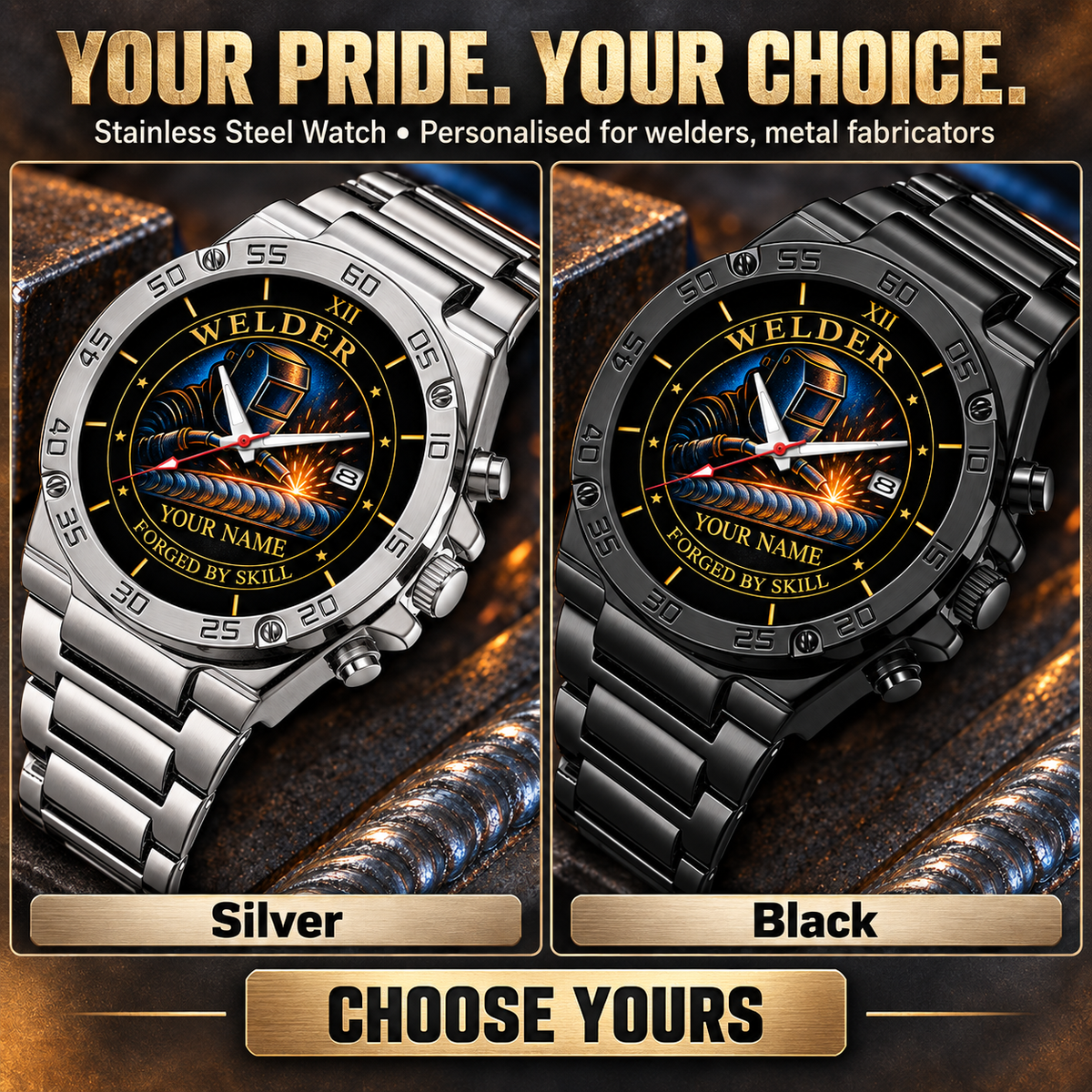 Personalized Welder Stainless Steel Watch - Heritage Dial - advertising image