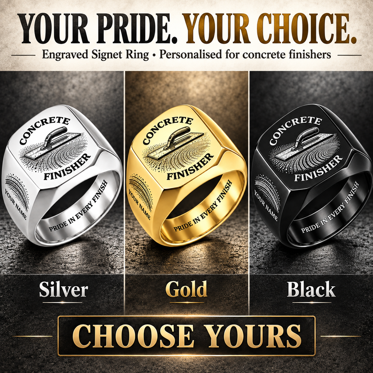 Personalized Concrete Finisher Engraved Signet Ring - Classic Emblem - advertising image
