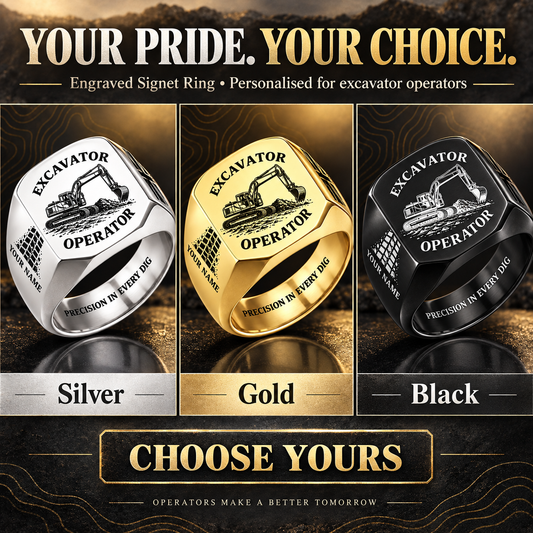 Personalized Excavator Operator Engraved Signet Ring - Classic Emblem - advertising image