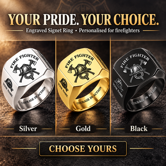 Personalized Fire Fighter Engraved Signet Ring - Classic Emblem - advertising image