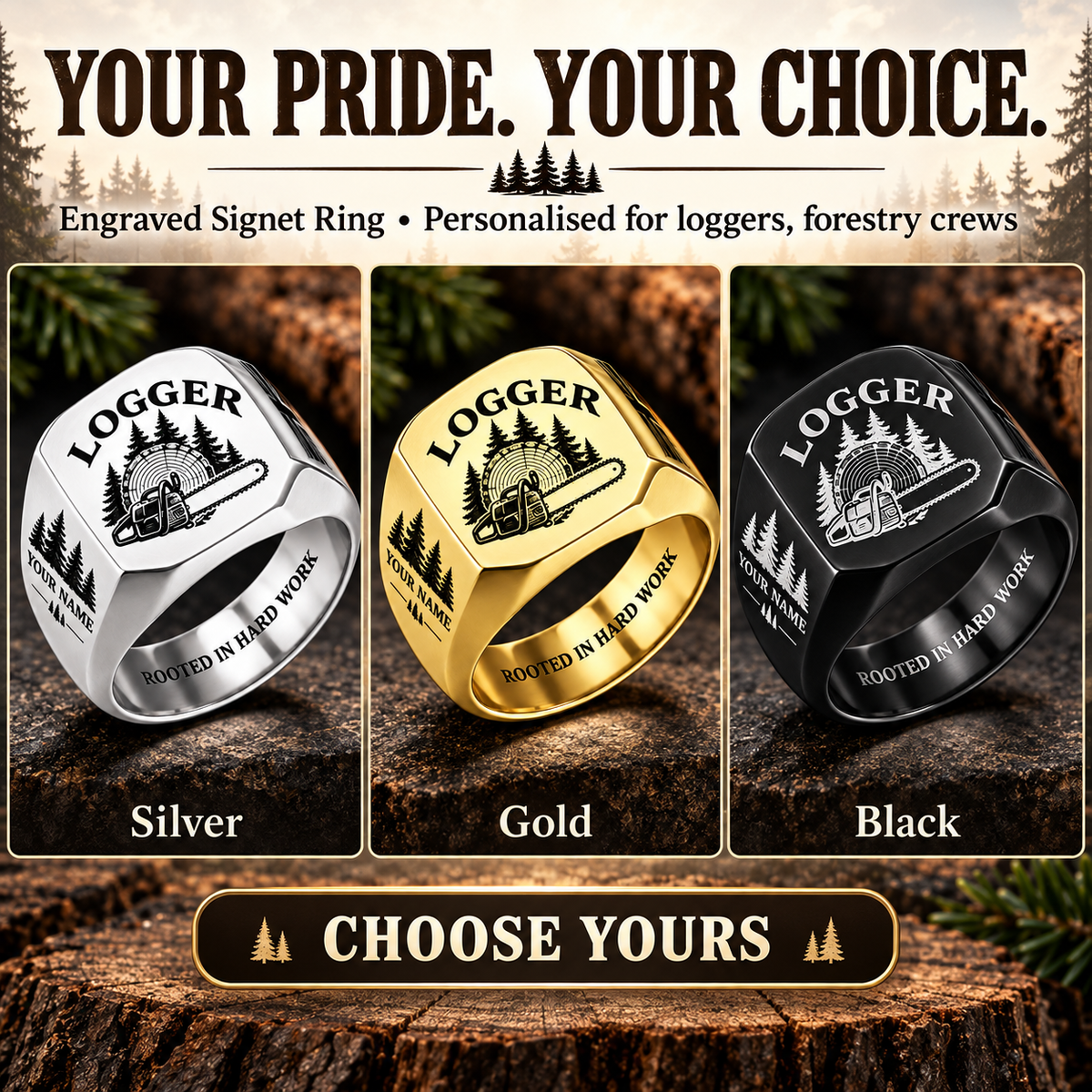 Personalized Logger Engraved Signet Ring - Classic Emblem - advertising image